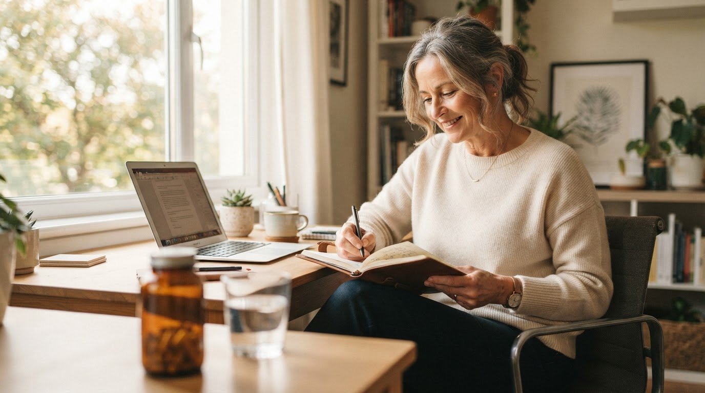 Person focused at a bright home office desk with a supplement bottle